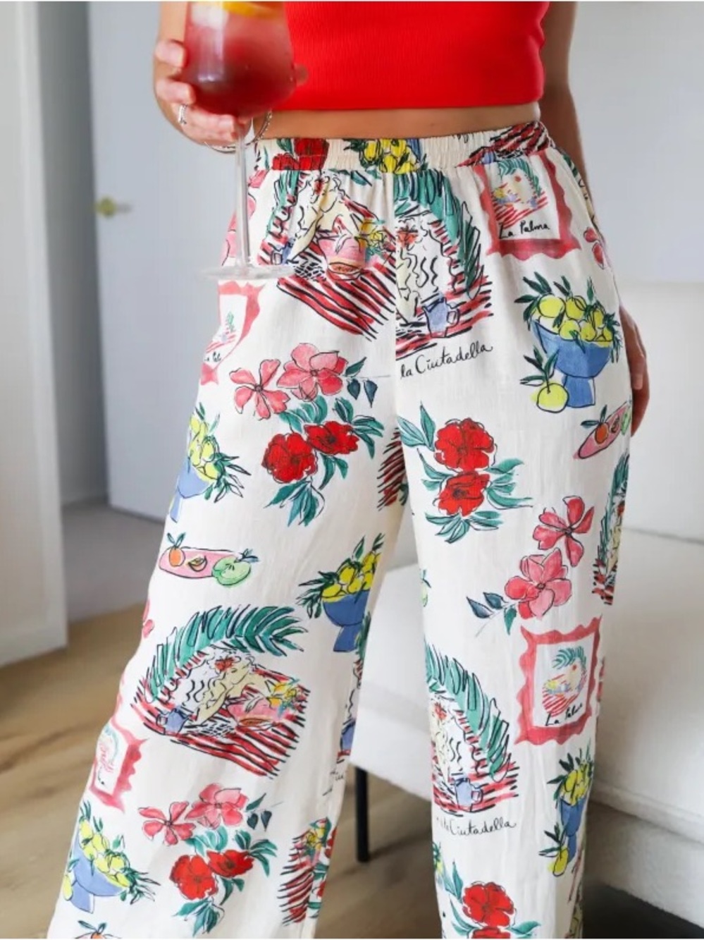 NWT Vrg Grl Linen Wide-Leg Cream Floral Print Pants with Elastic Waist
